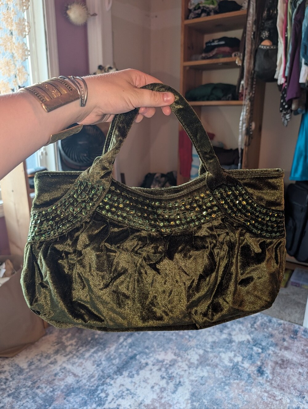 Olive Green Velvet Sequin Shoulder Bag
